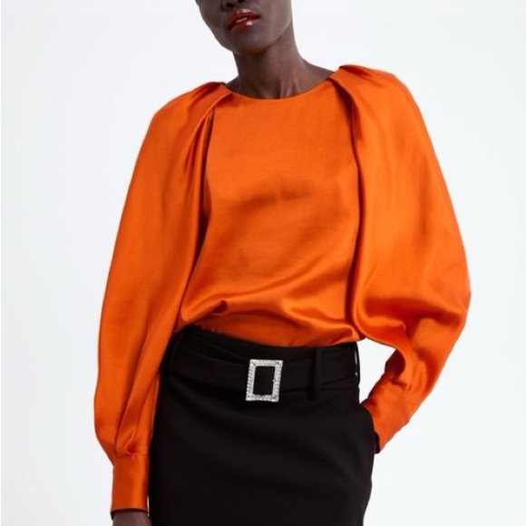 Zara Women's Orange Puff Sleeve Blouse Diamanté Button Satin Top Size Small NWT - Picture 16 of 16